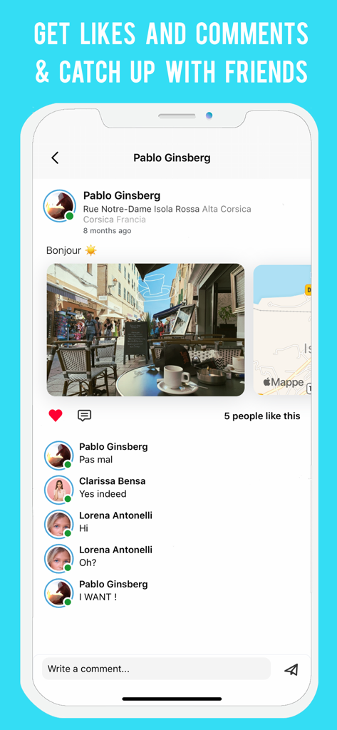 Mobile app interface showing user profile with comments and likes on a location based post