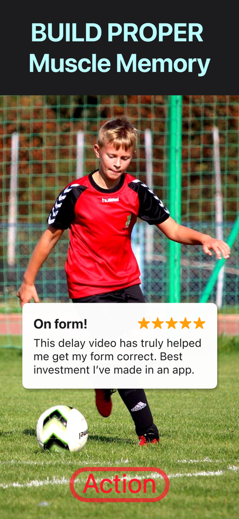 Young soccer player practicing with a five star user review about improving form through video delay
