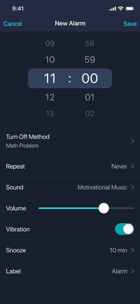 New alarm settings screen in the Smart Alarm Clock app featuring a math puzzle turn off method