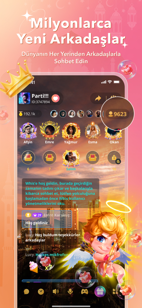 Captura de pantalla de la aplicación Witok que muestra una sala de chat de voz en vivo con perfiles de usuario y efectos de regalos virtuales