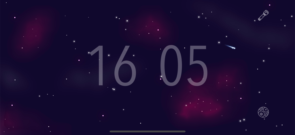 Digital clock display over a deep space background with purple nebula and stars