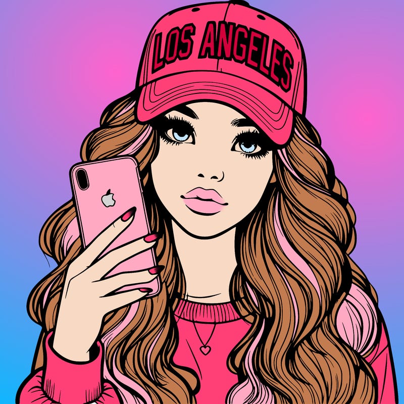 realistic beautiful girl wearing los ángeles cap holding an iphone