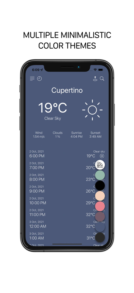 Smartphone screen showing the Minimalistic Weather App with various color theme options.