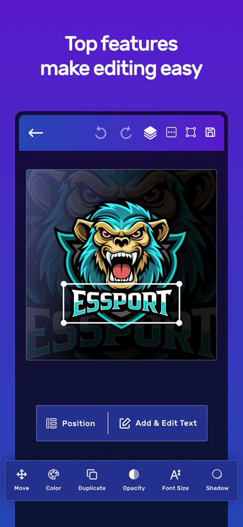 Interface d'application mobile montrant des outils d'édition faciles pour un logo de mascotte d'esport professionnel