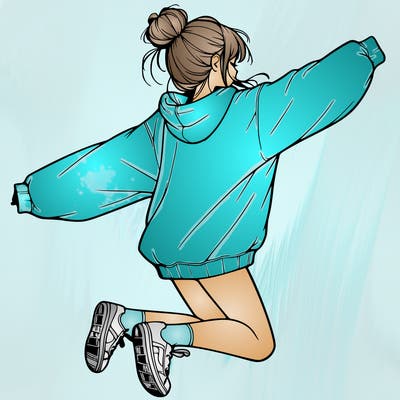 realistic girl jumping with a bun and oversized sweatshirt