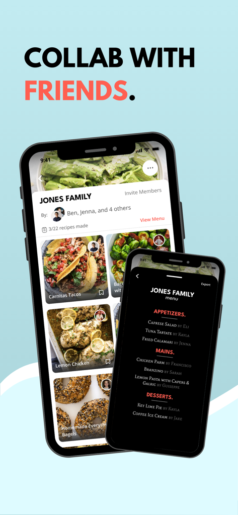 Pepper - Recipe Organizer - 共有レシピフォルダと共同メニューを表示するPepperアプリのインターフェース