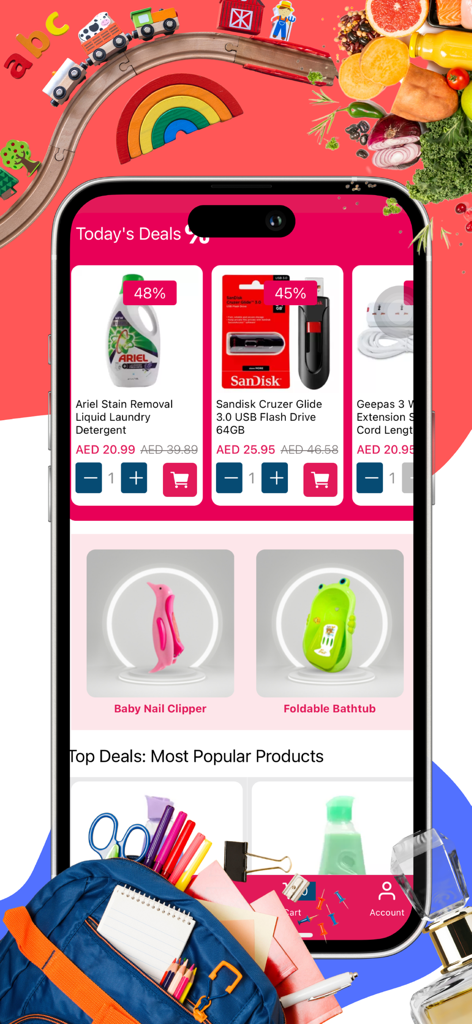 Day To Day Online - A mobile app interface for Day To Day Online showing daily deals on household items, electronics, and baby products with discount percentages.
