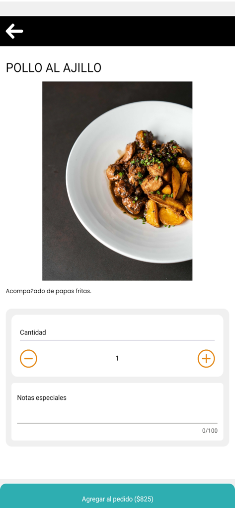 Francis - Tela do aplicativo móvel mostrando um prato de Pollo al Ajillo com batatas e opções de pedido para o Francis Restaurant