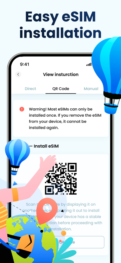 Easy eSIM installation screen with QR code for instant travel internet connectivity.