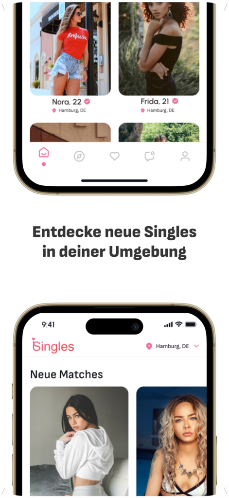 iSingles - Flirt. Date. Love. - Interface of iSingles dating app showing profiles of nearby singles and new match suggestions