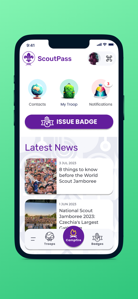 ScoutPass - ScoutPass app home screen displaying latest scouting news and digital badge features
