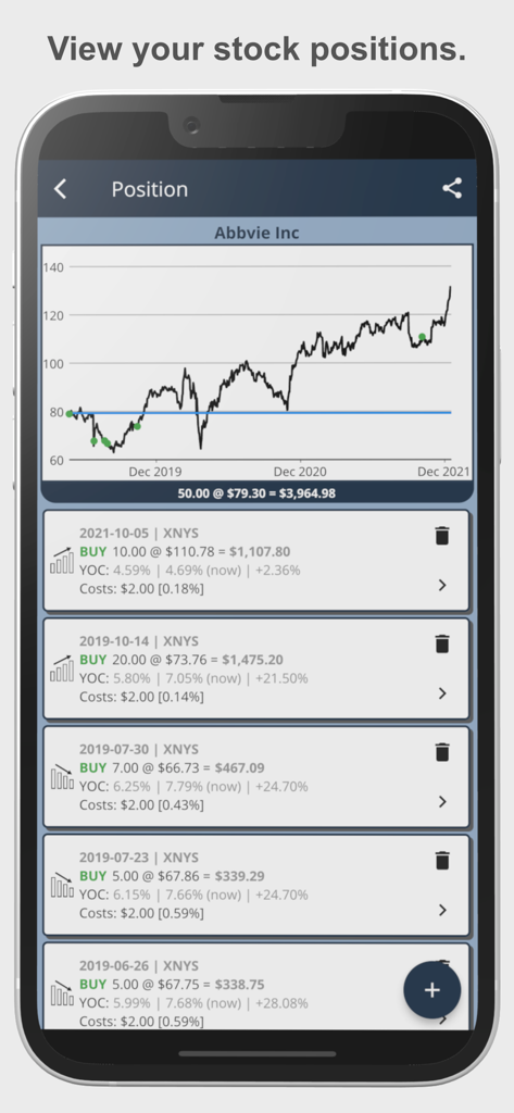22 Dividends - Stock position screen in 22 Dividends showing a price chart and list of buy transactions