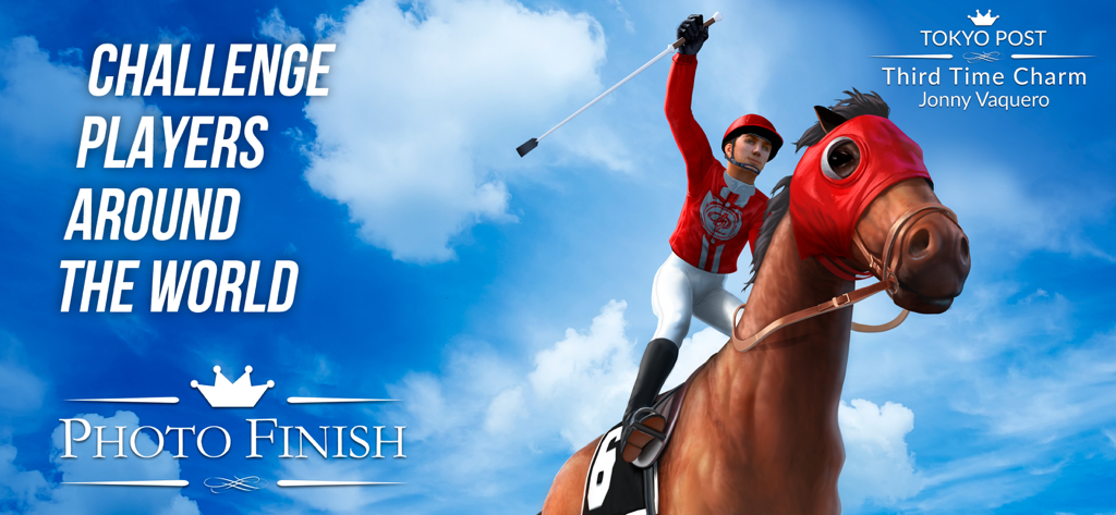 Photo Finish Horse Racing - A jockey in red and white gear celebrating a victory on a brown racehorse against a bright blue sky