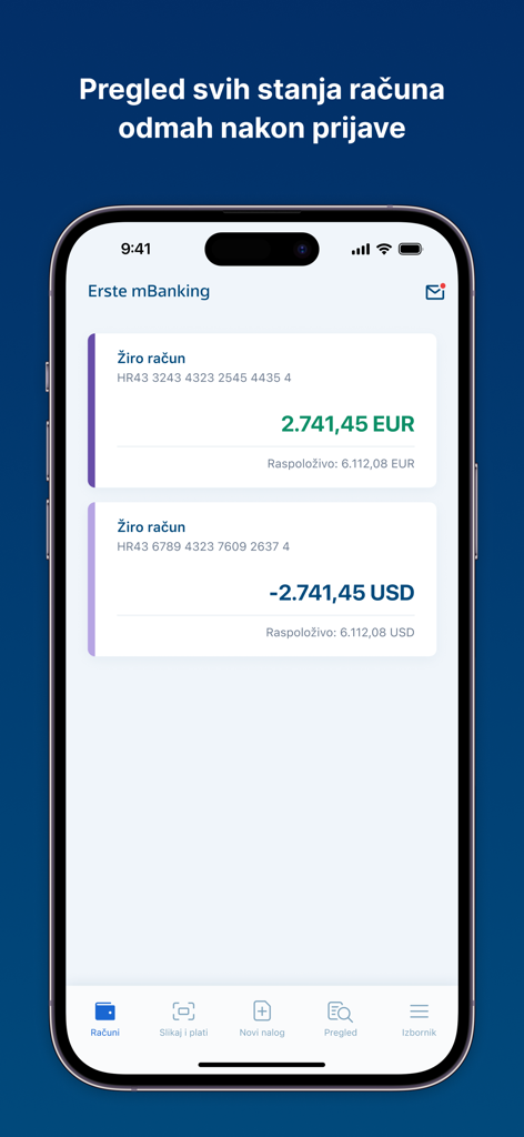 Smartphone screen showing multi-currency account balances in EUR and USD on the Erste mBanking app.