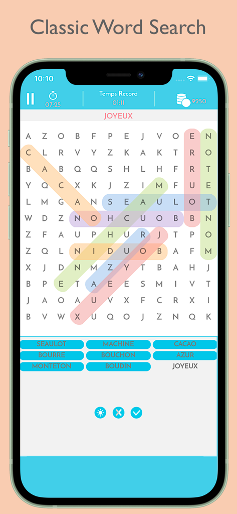Word Search Puzzle· - Un clásico juego de búsqueda de palabras en un teléfono móvil que muestra palabras resaltadas en una cuadrícula de letras