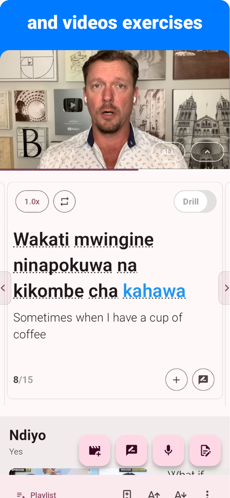 Swahili - Listening Speaking - Interface de l'application d'apprentissage de la langue swahili montrant une leçon vidéo avec transcription et traduction interactives.