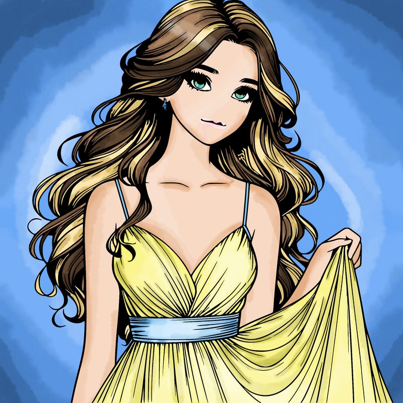 realistic girl in flowy silky prom dress