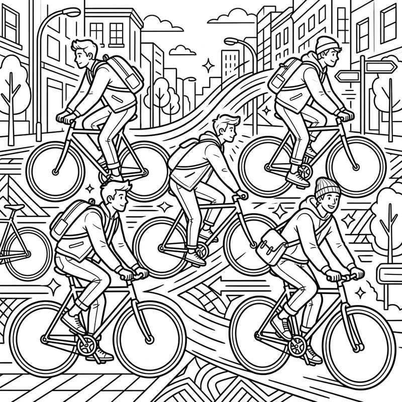 Immerse yourself in the world of urban cycling with this dynamic single-speed cyclists coloring page. Featuring multiple riders navigating city streets, it offers a thrilling and engaging scene ready for your artistic touch.