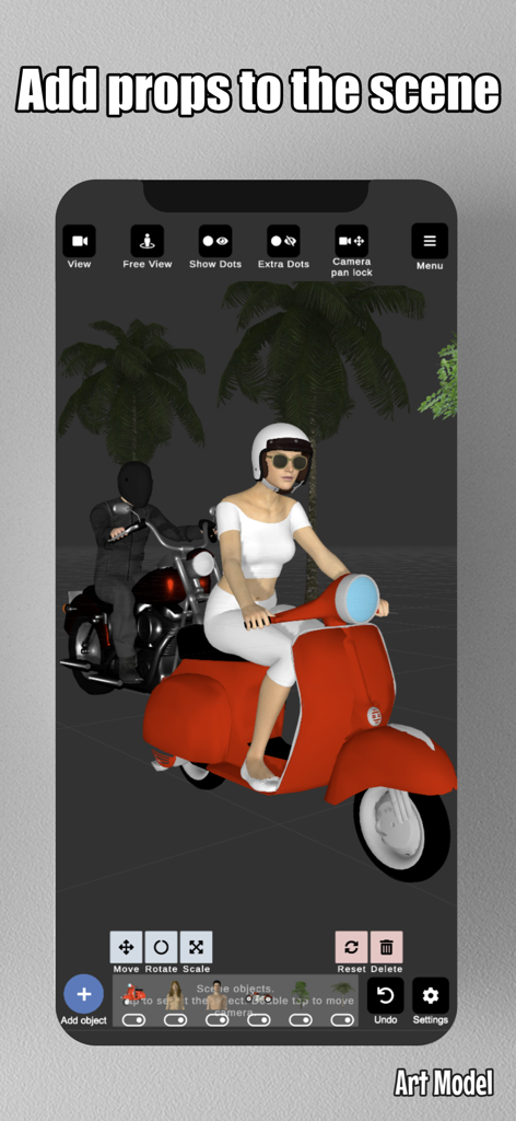 Art Model - Pose & morph tool - Art Model app interface showing 3D characters on a red scooter and a motorcycle used as props for drawing reference