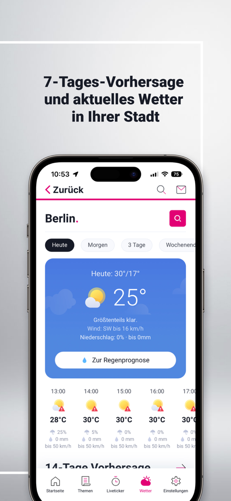 t-online Nachrichten - Écran mobile de l'application t-online Nachrichten affichant des prévisions météorologiques détaillées et les températures horaires pour Berlin