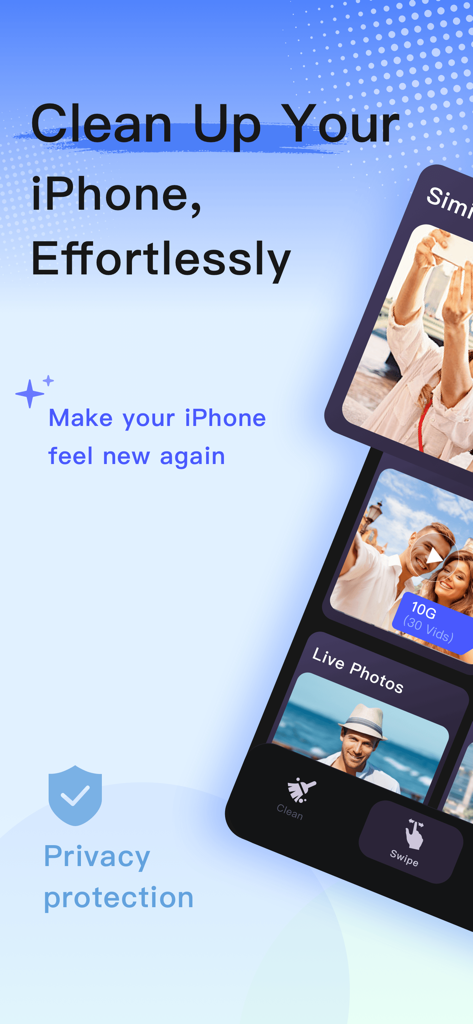 Quick Cleaner app interface showing options to clean up similar photos and large videos on iPhone with privacy protection