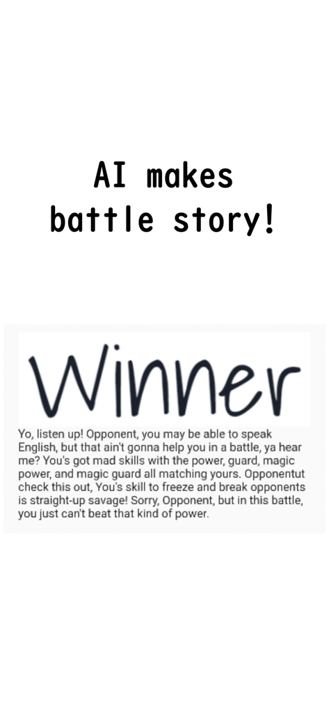 AI Battler - AI Judge battle - Une capture d'écran d'AI Battler montrant une histoire de combat générée par l'IA et l'annonce du vainqueur avec un texte descriptif.