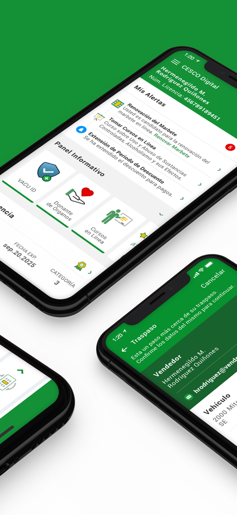 Mobile app interface of CESCO Digital showing vehicle renewal alerts and registration details