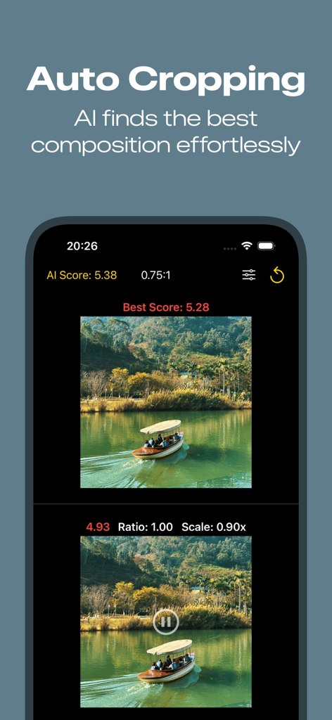 CropandGrade - Oberfläche der CropandGrade-App, die die automatische Zuschneidefunktion und KI-ästhetische Bewertungen für verschiedene Fotokompositionen zeigt.