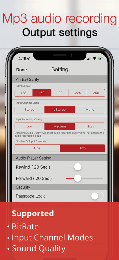 MP3 recorder pro settings screen showing bitrate and audio quality configuration
