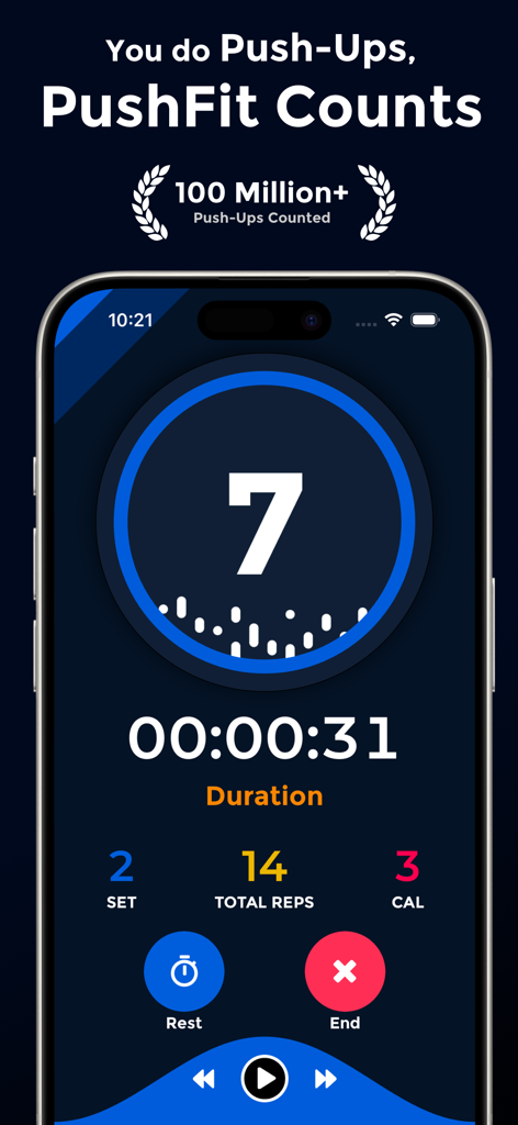 PushFit Pro - Interfaz de la aplicación PushFit Pro que muestra el recuento de flexiones y la duración de la sesión en la pantalla de un iPhone