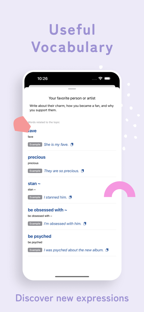 Lingualog - AI English Diary - Lingualog app screen displaying useful English expressions and vocabulary for daily journaling
