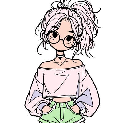 girl with a messy ponytail glasses a baggy crop top and jean shorts