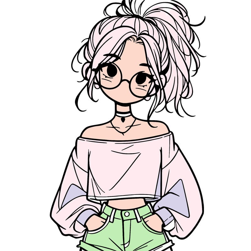 girl with a messy ponytail glasses a baggy crop top and jean shorts