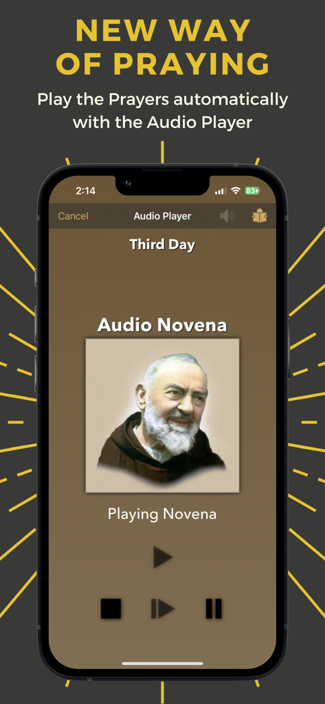Padre Pioアプリのオーディオプレーヤーのインターフェイス。聖Pioの画像と共に、ノベナの3日目が表示されます。