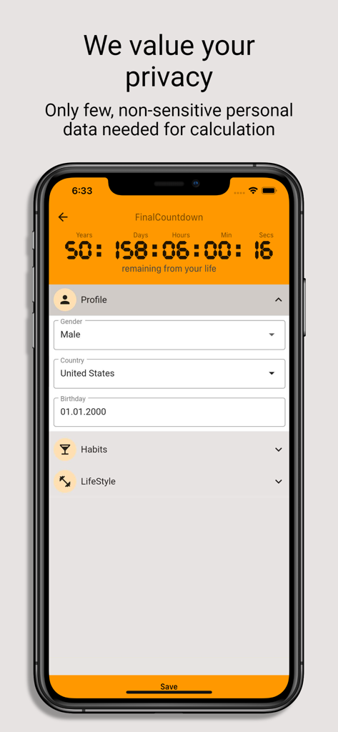 FinalCountdown Bucket List App - FinalCountdown app interface showing user profile setup for life expectancy calculation