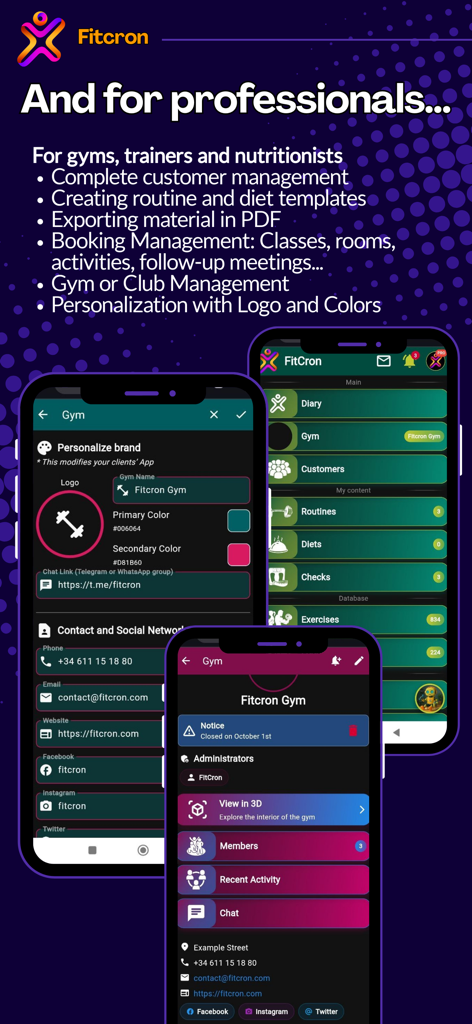 Fitcron App-Dashboard für Fitnessprofis mit Kundenmanagement- und Branding-Tools für Fitnessstudios