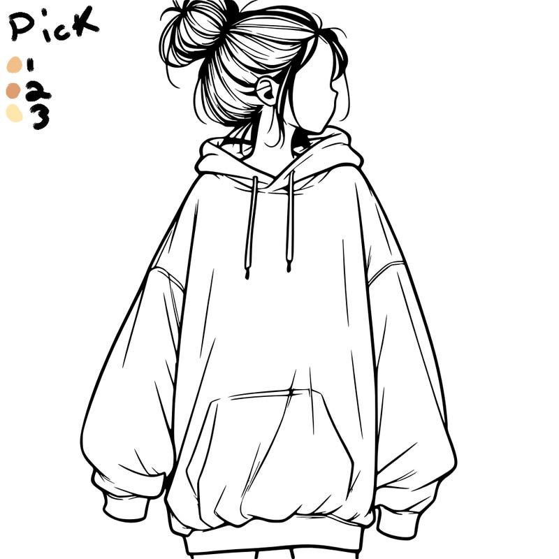 realistic girl with a oversized sweatshirt on and a bun