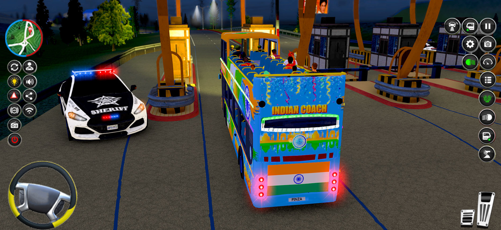 Indian coach bus and sheriff police car at a toll plaza in the Pakistan India Bus Simulator game