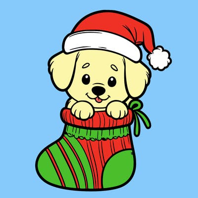 cute puppy wearing santa hat in socking