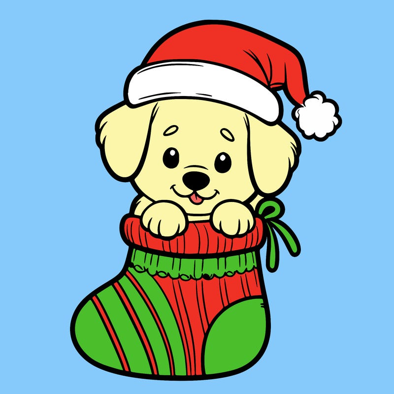 cute puppy wearing santa hat in socking