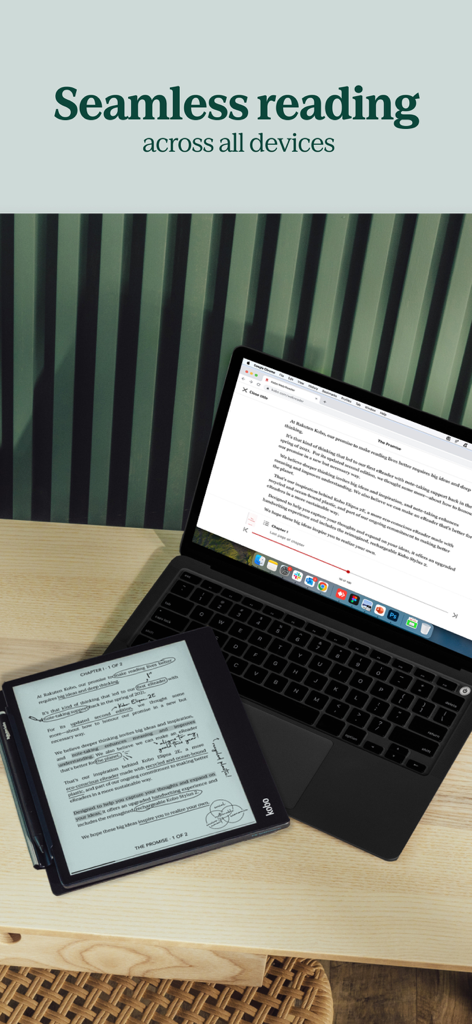 Kobo Books & Audiobooks - Un laptop e un eReader Kobo mostrano il progresso di lettura sincronizzato tra i dispositivi.