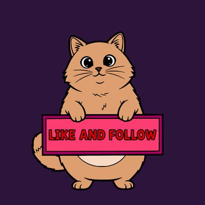 cat holding a sign that says like and follow