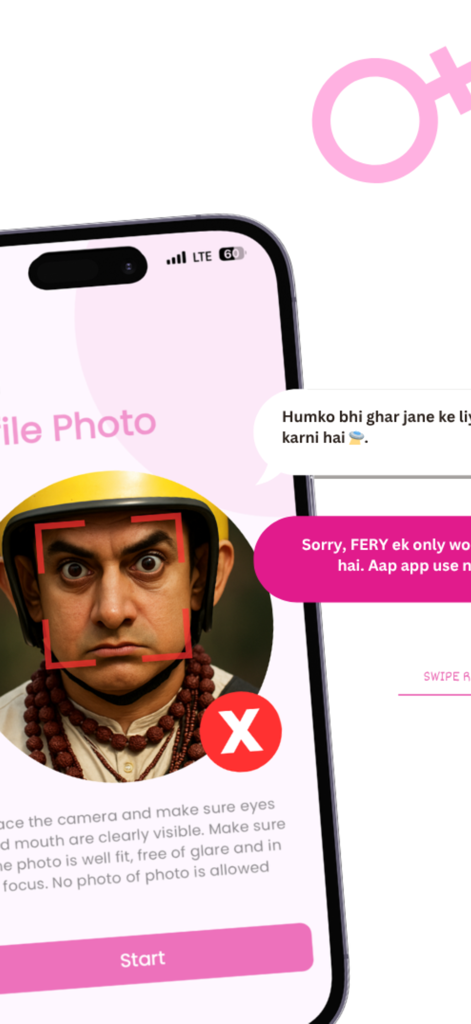 Fery Rides - A mobile screen showing the Fery Rides app rejecting a male profile photo during verification to maintain its women only service