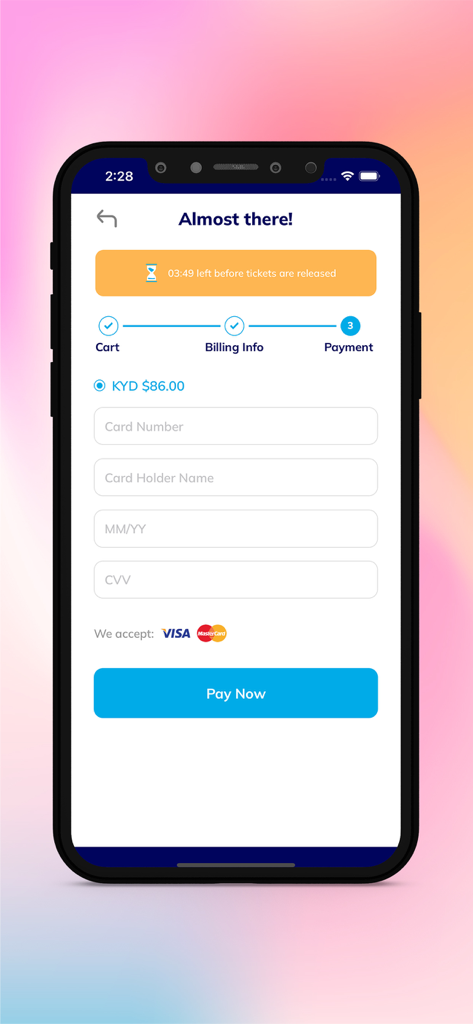 Secure mobile checkout page for event tickets with credit card input fields and countdown timer