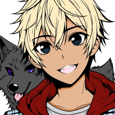 realistic anime boy wolf with sharp eye and smiling mouth
