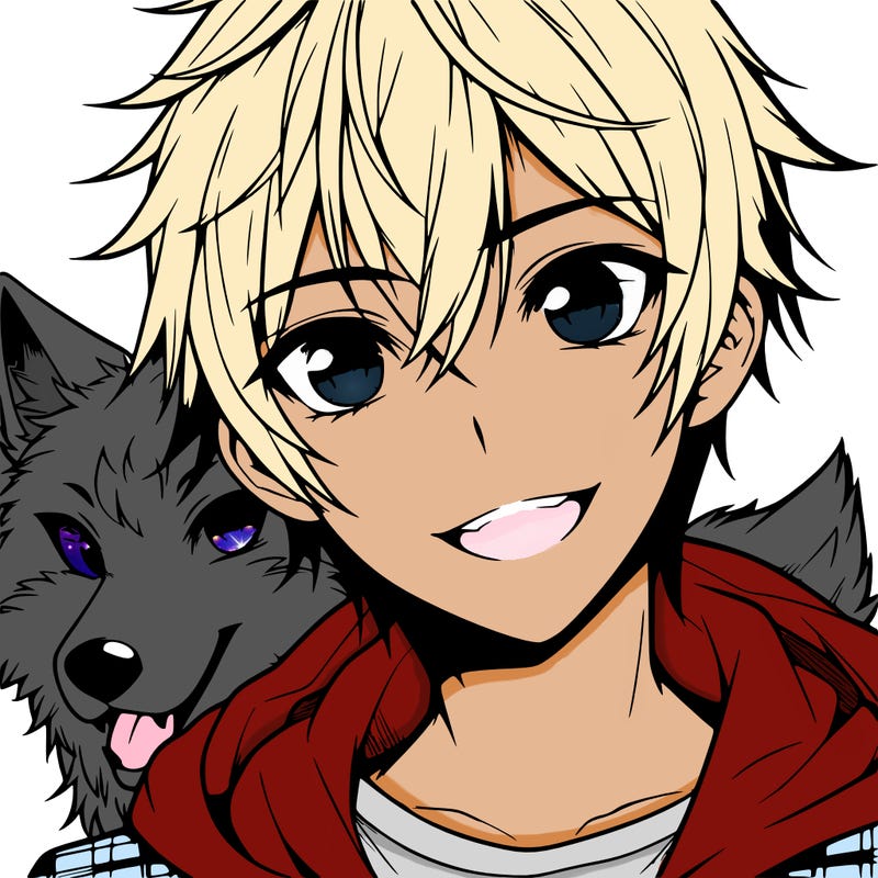 realistic anime boy wolf with sharp eye and smiling mouth