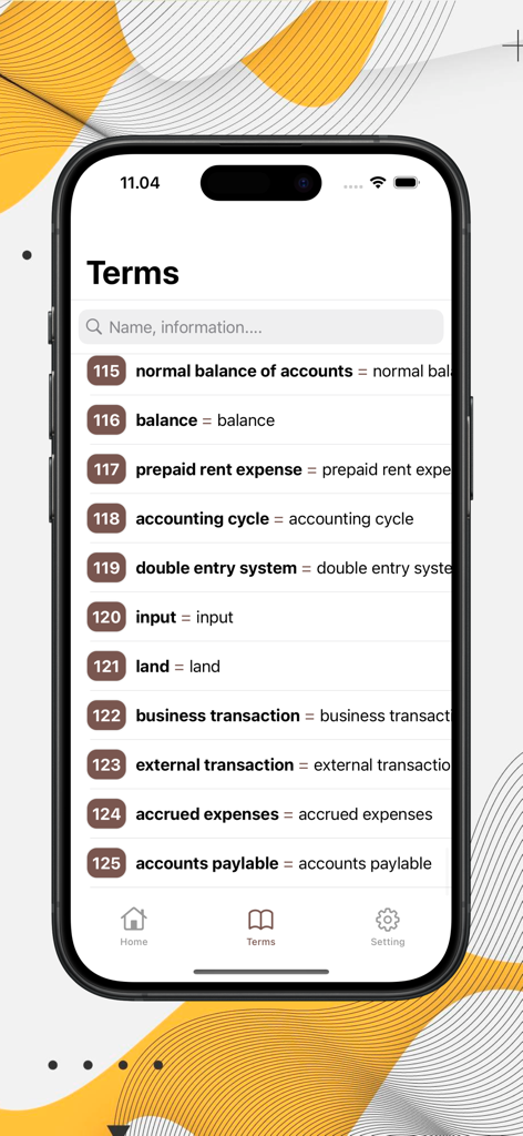 Basic Accounting Learning - Mobile app screen showing a glossary of basic accounting terms like double entry system and accounts payable.