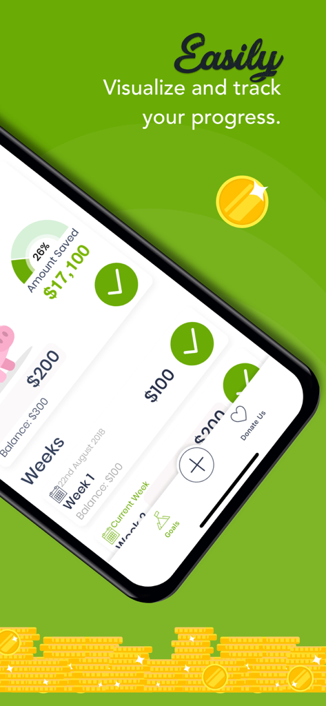 Mobile app screen showing weekly savings progress with a circular completion chart and checkboxes for the 52 week challenge.