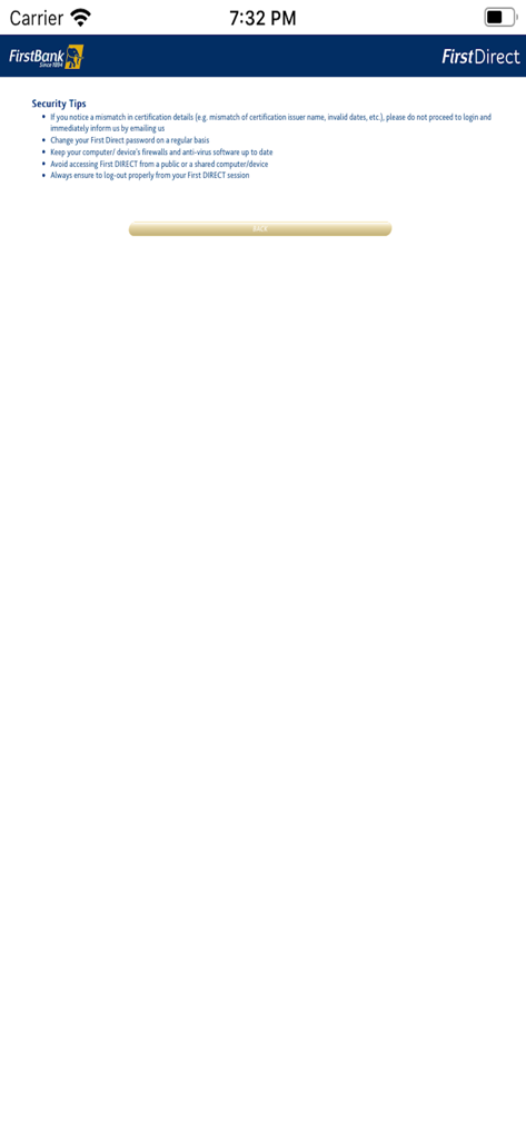 FirstDirect Mobileバンキングアプリのセキュリティヒント画面、ユーザー向けに安全性のヒントを提供