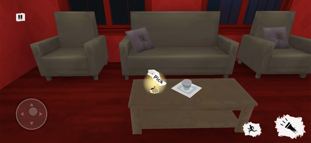 Nightmare Scary Neighbour Game - Captura de pantalla del juego Nightmare Scary Neighbour Game que muestra una sala de estar con una indicación interactiva para recoger un objeto de una mesa de centro